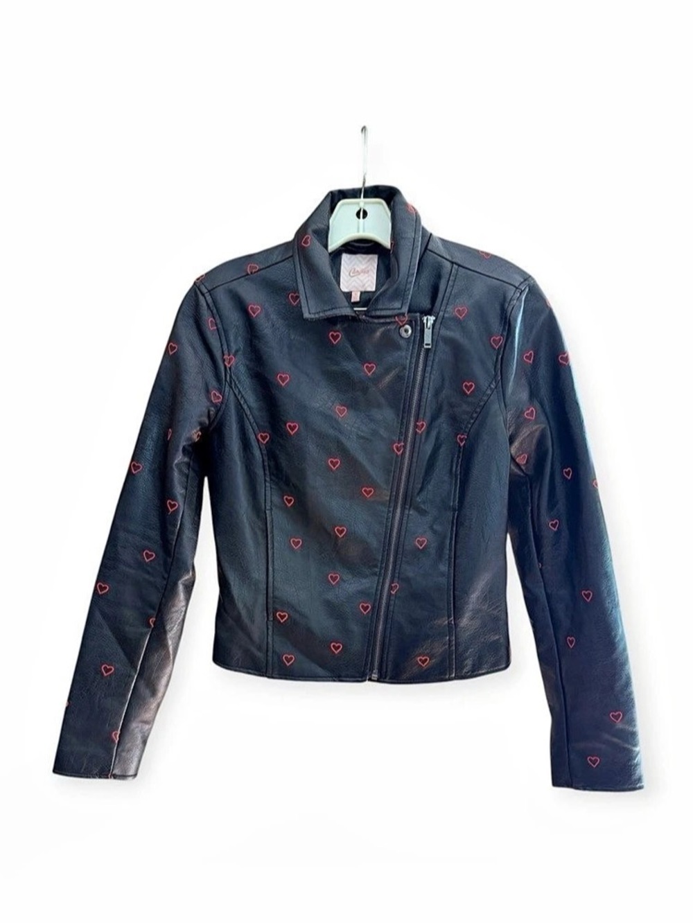 Candie's Heart Embroidered Faux Leather Moto Jacket, Black